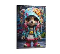 Hip-Hop Street Art Una obra maestra del óleo de oso caleidoscópico - Rebelde en el caos pastel, póster decorativo de lienzo para pared e impresión artística moderna de decoración de dormitorio
