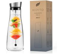 HIPITO Moritz,Jarra de cristal (1.5 l, con tapa de acero inoxidable, jarra de agua con inserto de fruta de vidrio de borosilicato resistente al calor, jarra de cristal con tapa con brocheta de fruta)