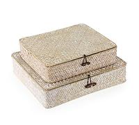 Hipiwe Juego de 2 contenedores de almacenamiento de mimbre tejido plano con tapa, cestas de hierba marina natural, cajas multiusos para organizar estantes (lavado blanco)