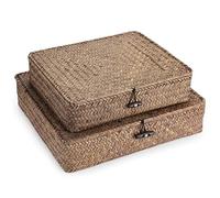 Hipiwe Juego de 2 contenedores planos de mimbre tejido con tapa, cesta de hierba marina natural, cajas multiusos para el hogar para organizador de estantes (café)
