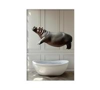 Hipopótamo saltando a la bañera, divertida decoración de pared de baño, animales tomando un baño, foto retro de estilo vintage, impresión de hipopótamo, Ai Art-1