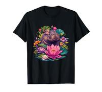 Hipopótamo Sereno Entre Flores Tropicales de Loto Camiseta