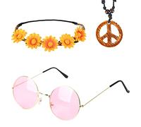 Hippie Costume Set Accesorios Hippies Retro Hippie 60's Style Circle Glasses Signo De La Paz Collar Corona De Girasol Banda para El Cabello 60s 70s Accesorios para Fiestas