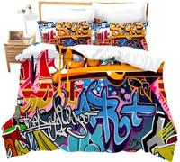 Hippie Graffiti Juego de Funda de edredón de Doble tamaño para niños y jóvenes, para Pared Urban Street Art Colcha con Cremallera y Lazos Personalizados