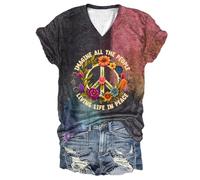 Hippie Imagine All The People Living Life in Peace Shirt Printed V-Neck Loose T-Shirt Peace Shirt Tops, Tie Dye, L