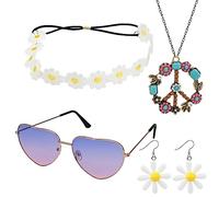 Hippie Mujer Accesorios Set 4Pcs 70s Disfraces para Mujeres Incluyendo Vintage Hippie Gafas Flor Corona Diadema Signo de la Paz Collar Pendientes para Mujeres 60s 70s Fiesta de Suministros (set 2)