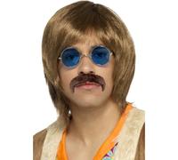 Hippie Peluca + Bigote + Gafas Adultos 60s Hippy Cantante Kit Brown Mens Disfraz
