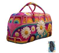 Hippie Van Quilted Duffle Bag,Vintage Floral Hippie Lightweight Weekender Travel Bag,Bohemian Printed Quilted Tote for Gym (D, S)