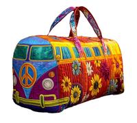 Hippie Van Quilted Duffle Bag - Vintage Floral Travel Weekender Bag for Women - Cute Quilted Overnight Handbag with Adjustable Strap - Retro Hippie Journey Gym Bag for Work & School (D)