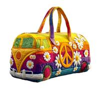 Hippie Van Quilted Duffle Bag - Vintage Floral Travel Weekender Bag for Women - Cute Quilted Overnight Handbag with Adjustable Strap - Retro Hippie Journey Gym Bag for Work & School (A)