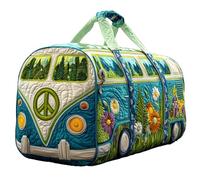 Hippie Van Quilted Duffle Bag - Vintage Floral Travel Weekender Bag for Women - Cute Quilted Overnight Handbag with Adjustable Strap - Retro Hippie Journey Gym Bag for Work & School (F)