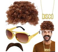 Hippie Wige Costume and Accessoriess Suit, Afro Waig | Funky Hiappie Cosstume with Wfig Sunglasses Necklace Mustache | Hippiee Accessories for 50/60/70s Theme Parties, Halloween Partides, Christmas