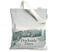 Hippo - Bolsa de lona para mujer, diseño costero, divertido, faro, barco, verano, azul, lavable, reutilizable, para uso diario, ideas para familiares, amigos, colegas, lectura, amor, 13 x 15 pulgadas
