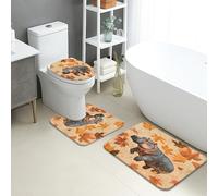 Hippo - Tapete de baño de secado rápido con diseño de hojas de otoño, tapete de ducha antideslizante, de franela de otoño, lavable, para baño, inodoro, baño, juego de 3 piezas