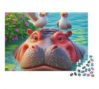 Hippopotamus 1000 Piezas Rompecabezas para Adultos Hipopótamo con Gaviotas en la Cabeza en Estanque Premium Resistente Vibrante Desafiante Difícil Alivio de Estrés Regalo Familiar 52x38cm/1000pcs