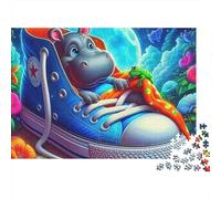 Hippopotamus 1000 Piezas Rompecabezas para Hombres Mujeres Adultos Bebé Hipopótamo en Zapatilla Azul bajo la Luna Premium Grueso Resistente Vibrante Desafiante Alivio de Estrés 52x38cm/1000pcs