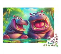 Hippopotamus Puzzles Imposible,desafío para Adultos Two Hippos Grin Widely in Lush Colorful Setting Juego Educativo 1000 Piezas Obra De Arte De Juego De para Adultos Y Niños 70x50cm/1000pcs