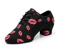 HIPPOSEUS Mujer Zapatos de práctica de Baile Latino con Lace up Zapatos de Baile de Jazz de Tacon Bajo Huella de Labios,Negro y Rosa,40 EU