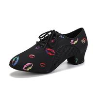 HIPPOSEUS Mujer Zapatos de práctica de Baile Latino con Lace up Zapatos de Baile de Jazz de Tacon Bajo Huella de Labios,Negro y Rojo,43 EU