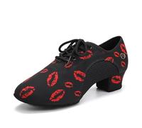 HIPPOSEUS Mujer Zapatos de práctica de Baile Latino con Lace up Zapatos de Baile de Jazz de Tacon Bajo Huella de Labios,Negro y Rojo,40 EU