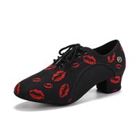 HIPPOSEUS Mujer Zapatos de práctica de Baile Latino con Lace up Zapatos de Baile de Jazz de Tacon Bajo Huella de Labios,Negro y Rojo,43 EU