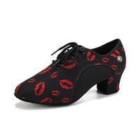 HIPPOSEUS Mujer Zapatos de práctica de Baile Latino con Lace up Zapatos de Baile de Jazz de Tacon Bajo Huella de Labios,Negro y Rosa,43 EU