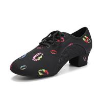 HIPPOSEUS Mujer Zapatos de práctica de Baile Latino con Lace up Zapatos de Baile de Jazz de Tacon Bajo Huella de Labios,Negro y Rosa,43 EU