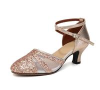 HIPPOSEUS Zapatos de Baile Latino Mujer 5 cm Tacon Bajo champán Dorado Lentejuelas de Salón Cerrados Salsa y Bachata Tango Calzado para Bailar, 39 EU