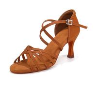 HIPPOSEUS Zapatos de Baile Latino Mujer con Puntera Abierta de Salón Zapatos de Baile Marron para Bachata y Salsa Tacon 7 cm,EU 39