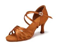 HIPPOSEUS Zapatos de Baile Latino Mujer con Puntera Abierta de Salón Zapatos de Baile Marron para Bachata y Salsa Tacon 7 cm,EU 35