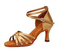 HIPPOSEUS Zapatos de Baile Latino para Mujer con Suela de Ante Zapatos de práctica de Baile de Salsa marrón Claro con tacón 7 cm, Modelo 213，39 EU