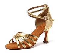 HIPPOSEUS Zapatos de Baile Latino para Mujer Gold salón de Baile Fiesta práctica de Salsa Sandalias de Rendimiento Altura del tacón 7 cm, Modelo 802，38 EU