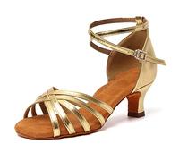 HIPPOSEUS Zapatos de Baile Latino para Mujer Gold salón de Baile Fiesta práctica de Salsa Sandalias de Rendimiento Altura del tacón 5 cm, Modelo 802，38.5 EU