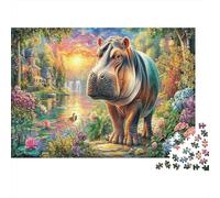Hippótamo en Jardín Rompecabezas 1000 Piezas Flor y Bestia Adultos Niños +14 Años Papel DIY Decoración Familiar Regalo Navidad Acertijos 70x50cm/1000pcs