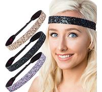 Hipsy Diadema ajustable antideslizante ancha con purpurina, paquete de 3 unidades para mujeres, niñas y adolescentes (princesa/pavo real/oro rosa)