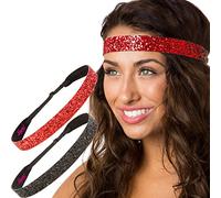 Hipsy Diademas ajustables antideslizantes con purpurina para mujeres, niñas y adolescentes, paquete de 2 (negro y rojo)
