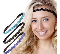 Hipsy Diademas ajustables antideslizantes con purpurina para mujeres, niñas y adolescentes, paquete de 3 (verde azulado/negro/morado)