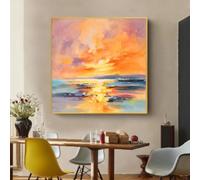 HIPWST Pintura al óleo abstracta de puesta de sol sobre lienzo, cuadro moderno para pared, pintado a mano, para decoración de sala de estar, regalo, 70 x 70 cm, sin marco