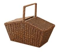 Hipzeepo Cesta de Mano de Estilo Pastoral con Tapa, Cesta de Picnic Tejida de Imitación de Ratán, Cesta de Almacenamiento para Bocadillos de Frutas y Artículos B
