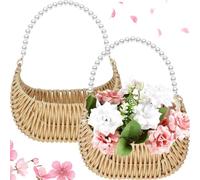 Hipzeepo Cesta Pequeña de Mimbre en Forma de Media Luna para Bodas, 2 Unidades, Cesta de Ratán con Asa de Perla para Picnic y Jardín.