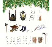 HIQE-FL Kit Puerta de Duende Navidad,12 Piezas Miniatura Accesorios de Casa de Muñecas,casa de muñecas para gnomos,Lámparas de petróleo, pajares, Botas de Goma, leña, escobas, Decoraciones navideñas