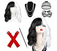 HIQE-FL Peluca Corta Cruella, Conjunto de Disfraz para Mujer: Peluca + Guantes + Gorro + Máscara + Collar, Material Sintético Resistente al Calor, Talla Única, Negro y Blanco