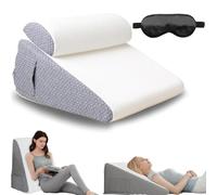 Hiquo Wedge Pillow + 100% Light Blocking Silk Sleep Mask, Adjustable Orthopedic Bed Wedge Pillow Set, Memory Foam & Removable Cover, for Your Head Back, Comfortable Support (White,With neck pillow)