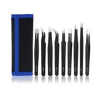 Hiraith Juego Surtido de Pinzas de Acero Inoxidable de 9 Piezas, Kit de Herramientas de Reparación Antiestática para Electrónica, Joyería, Fabricación de Modelos, con Bolsa Negra,