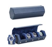 Hiram Caja hexagonal de cuero Saffiano para 4 relojes, caja protectora de almacenamiento de relojes de 4 ranuras, organizador de exhibición de relojes para hombres (azul)