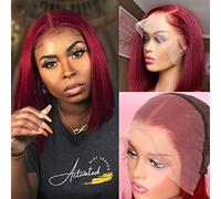 HIRIREMY 13 x 4 Hd 99J Borgoña Bob Frontal Encaje Frontal Pelucas Cabello Humano Pre Trenzado Transparente Sin Pegamento Pelucas Rectas Bob para Mujeres Negras Cabello Humano con Pe