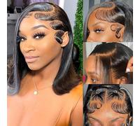 HIRIREMY Peluca de cabello humano con encaje frontal HD de 13 x 4 pulgadas, corto, lacio, sin pegamento, para mujeres negras, prearrancada con abuelitos, parte lateral, densidad del 180%, 14 pulgadas