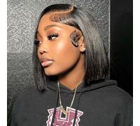 HIRIREMY Peluca de cabello humano de 13 x 4 pulgadas, encaje frontal de alta definición, corto y recto, para mujeres negras, cabello humano prearrancado, sin pegamento, parte lateral 180 % de densidad