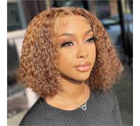 HIRIREMY Peluca de cabello humano rizado con ondas profundas, encaje frontal HD de 13 x 4 pulgadas, para mujeres negras, prearrancado, sin pegamento, corto, húmedo y ondulado, color rubio miel