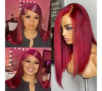 HIRIREMY Peluca de pelo humano Bob 99J Borgoña 13 x 4 HD frontal de 40,64 cm, preferida, sin pegamento, transparente, con encaje frontal, peluca Bob, lisa, para M